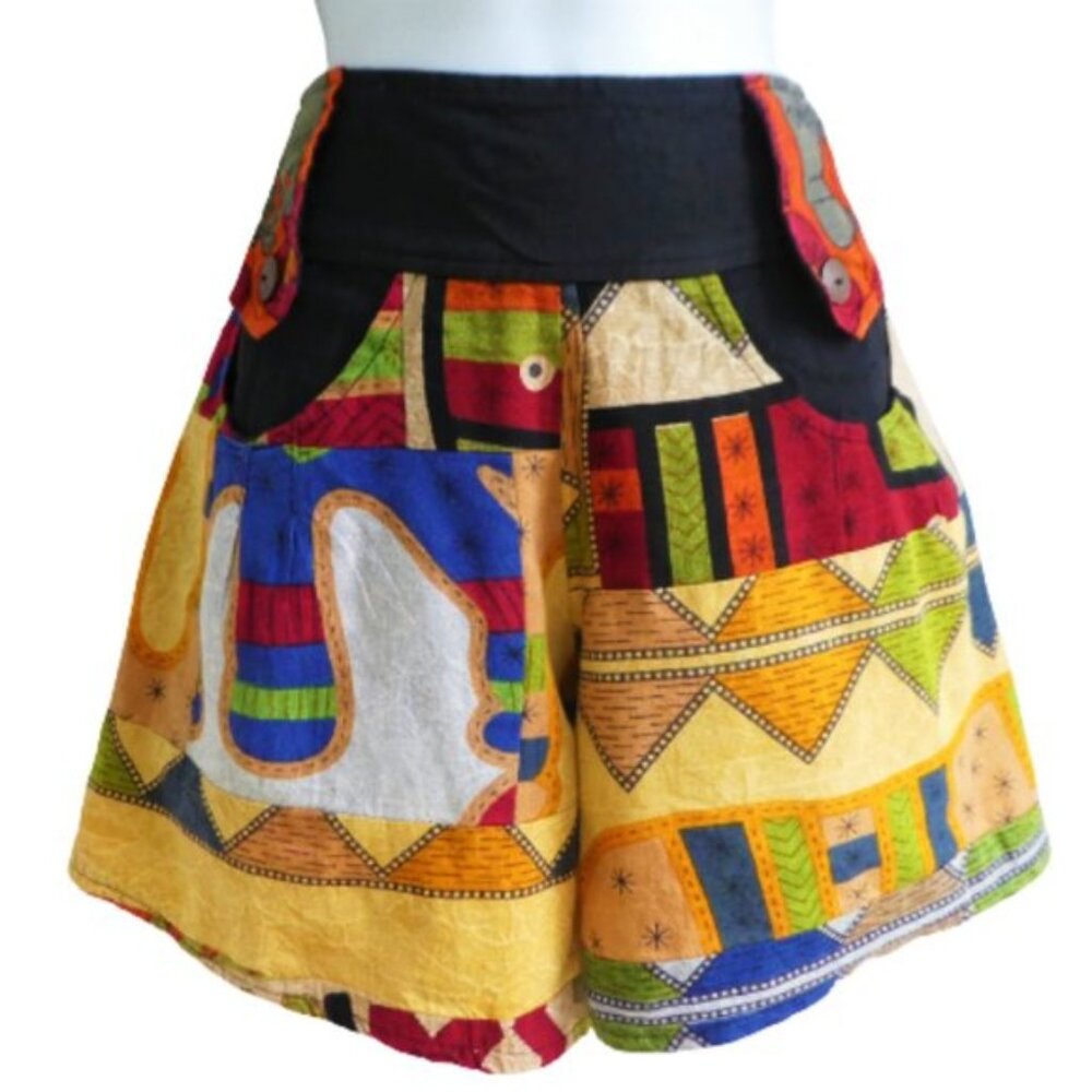 LiNeN African Print Shorts Wide Leg High Waist Abstract Blend Front Back Pockets